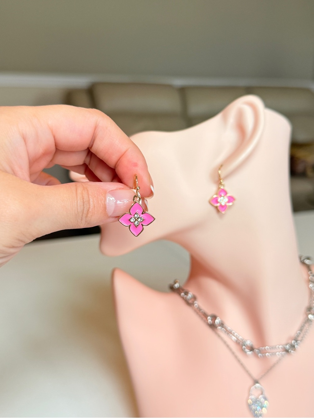 Gold Pink Enamel Flower Drop Earrings with CZ - Picture 5 of 12